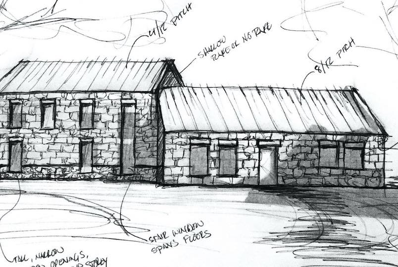 architectural drawing of a building with written notes