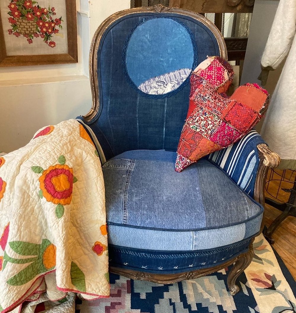 bluejean chair with quilt and heart pillow
