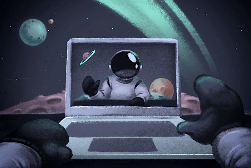 drawing of an astronaut looking into a computer laptop and seeing their reflection