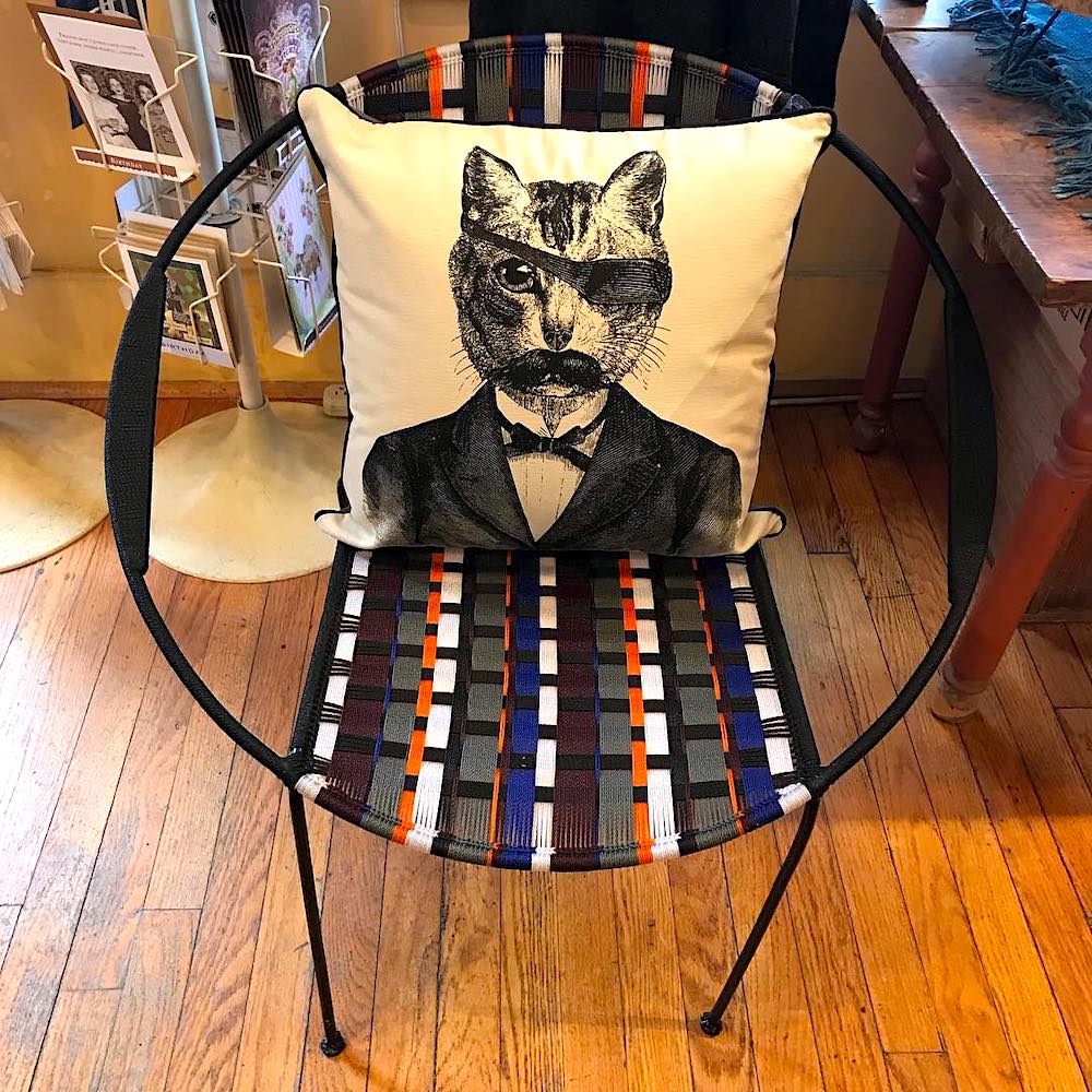 cat with patch eye on pillow in a chair