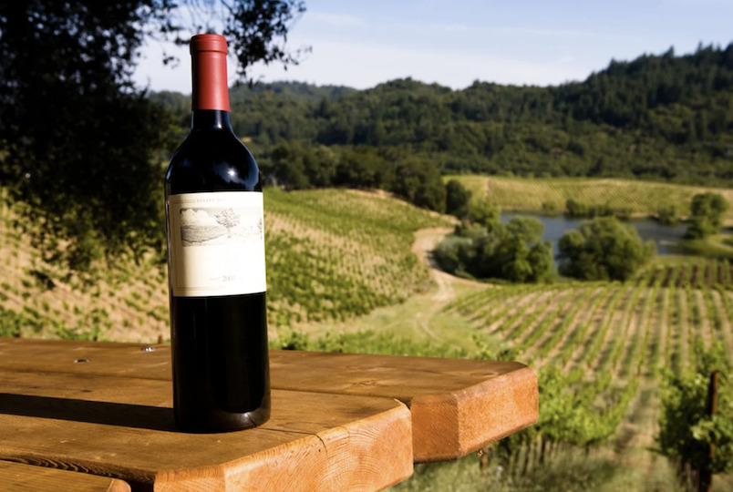 wine bottle on table with vineyard in background
