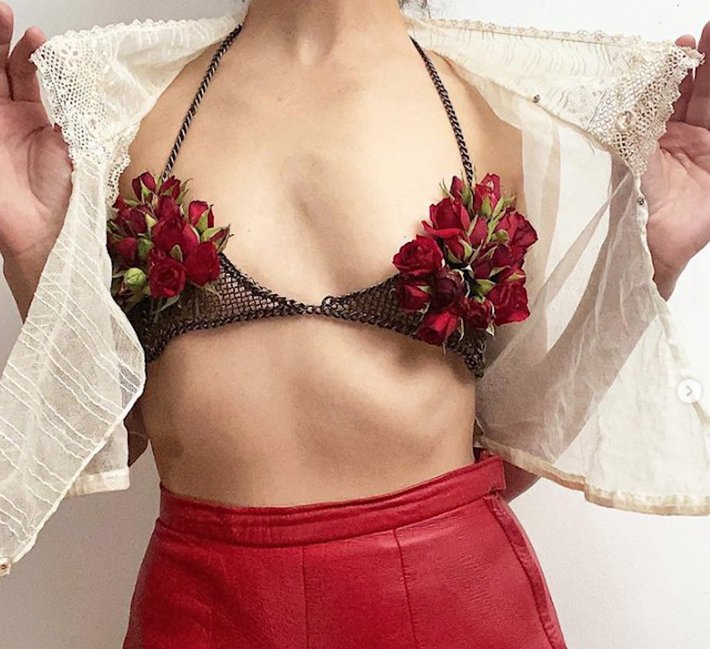 Falconiere chainlink bra adorned with flowers