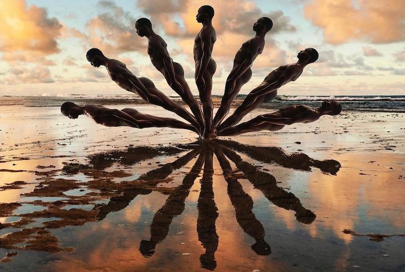 Graphic image of a man repeated to make an illusion of a circle with his body on a beach during sunset by Homecoming Astrology