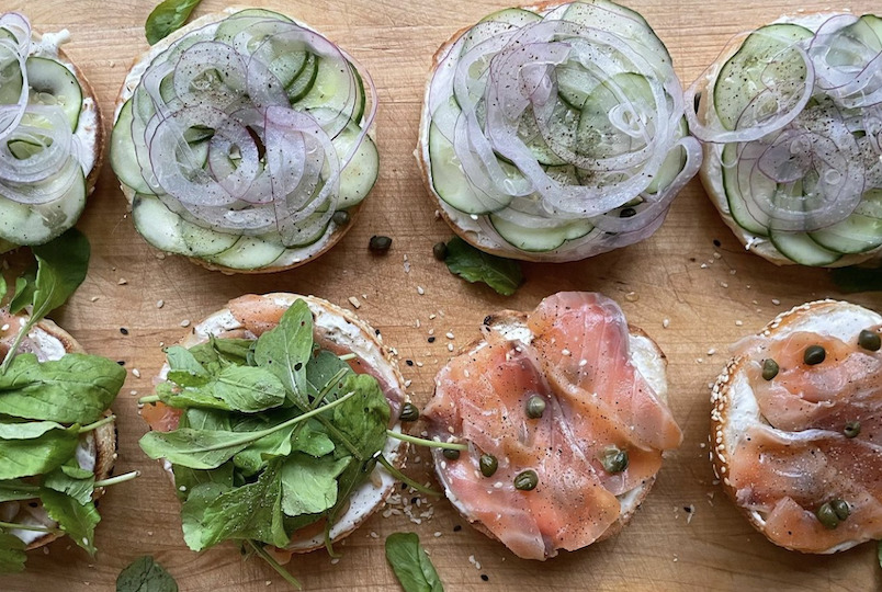 Bagels, lox, and smear on a butcher counter ready to eat from Rosie General's deli, butcher, cafe, bakery in Kingston NY