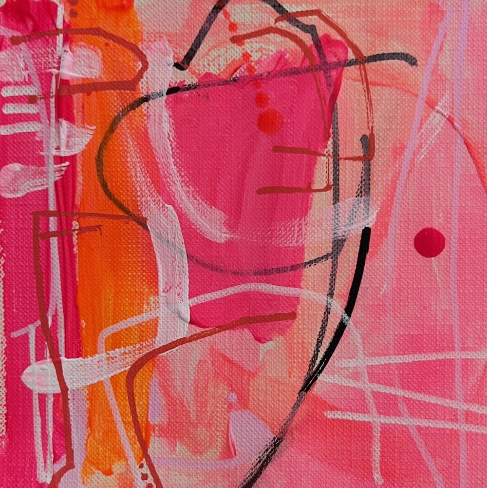 Melanie Delgado abstract painting: pink, orange background with black and light grey strokes that will be part of the Evolution Show at Pinkwater Gallery in Kingston NY