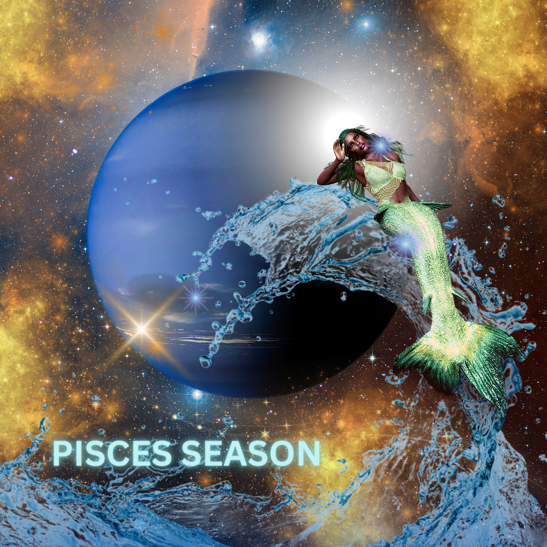 Abstract graphic of a woman fish and a planetary backgrounf for The Inside+Out Pisces Energy Report by Astrologer Rebecca Conran