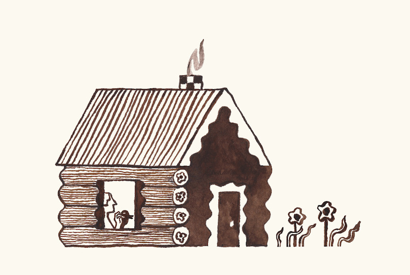 Logo of a cartoon cabin with smoke coming out of the chimney from Camptown Catskills in Leeds NY