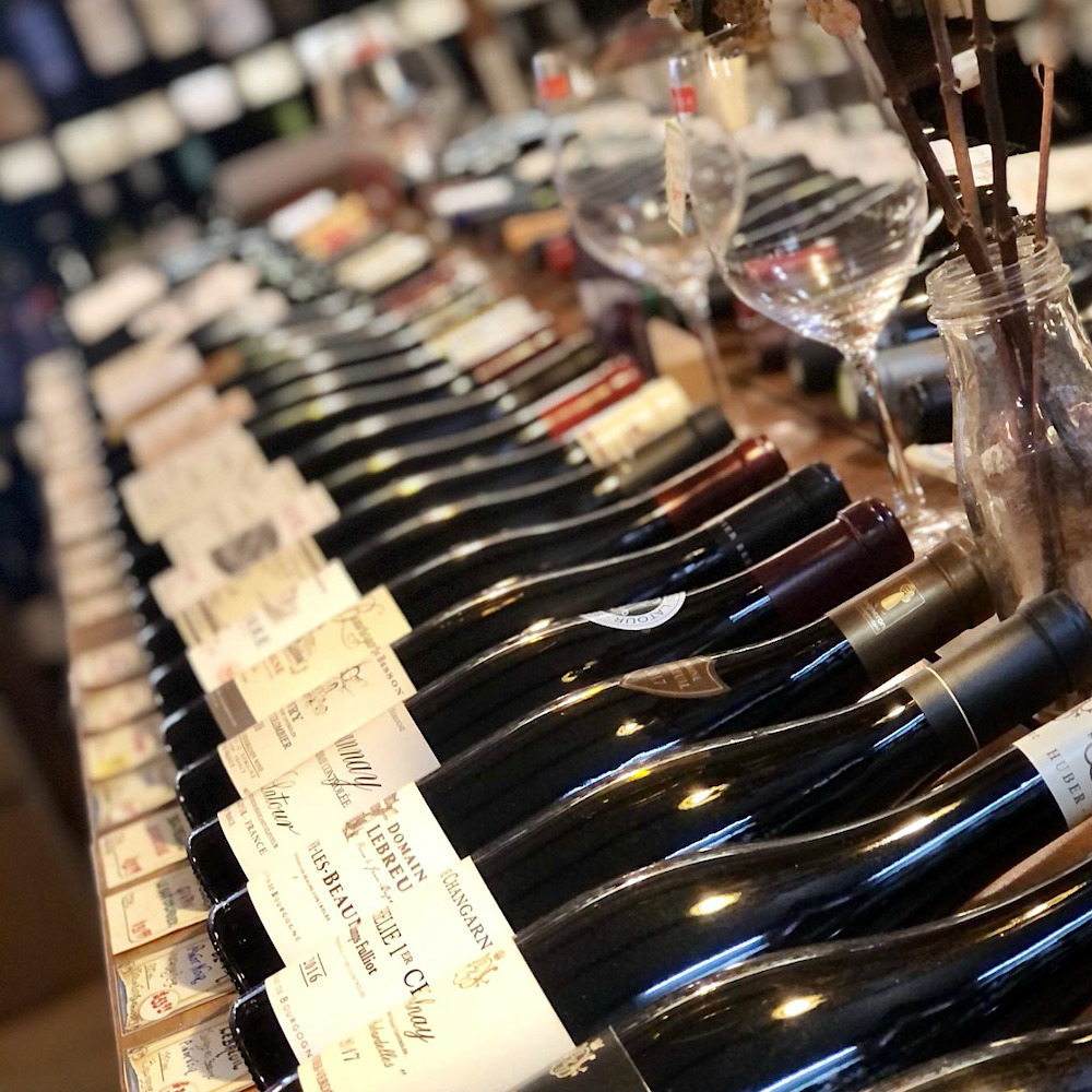 many French bottles of wine on displat at Woodstock Wine & Liquors in Woodstock, NY
