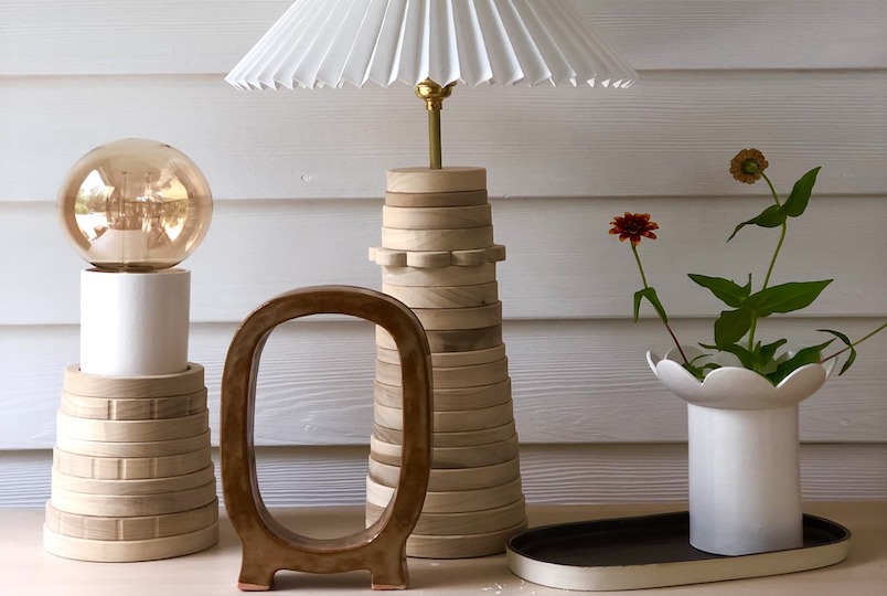 Handmade wooden objects of a lamp base, sculpture, vase and light made by Perch Objects in Hurley NY