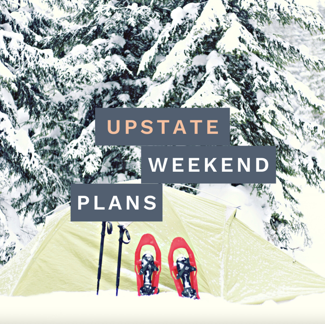 Snow Shoes and poles looking upon snowy pine trees with the "Upstate Weekend Plans" text written across the photo for the Hudson Valley, NY.