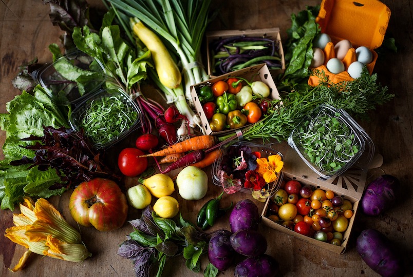 feast of veggies on a table from White Feather Farm in Saugerties Ny