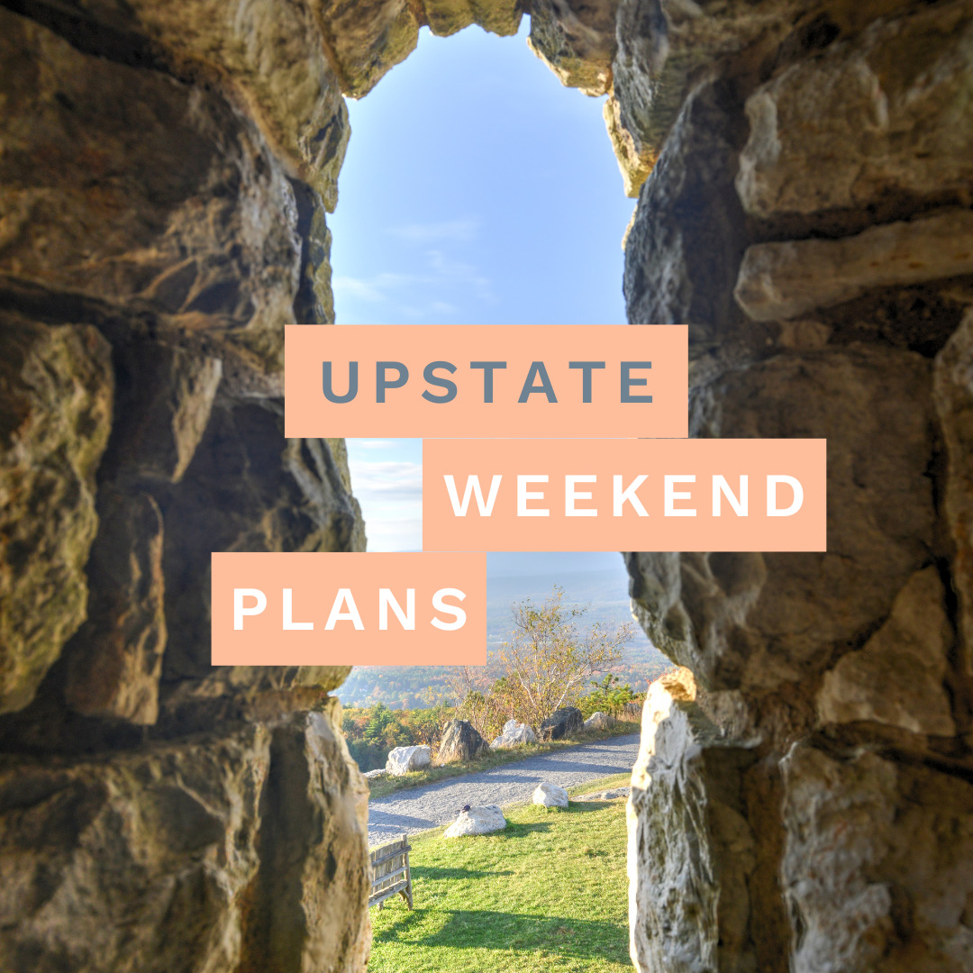 peaking through a rock crevis with the "Upstate Weekend Plans" text written across the photo for the Hudson Valley, NY.